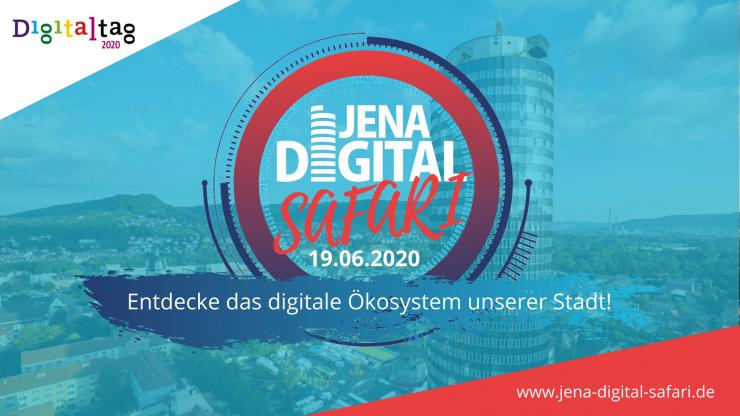 Zu sehen ist das Banner der JENA Digital Safari. Ein rundes Logo auf auf einem Bild, welches den JenTower und die Innenstadt aus einer Vogelperspektive zeigt.