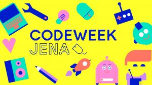 Viele kleine bunte Grafiken wie ein Laptop, eine Rakete oder ein Stift sind um den Schriftzug "Code Week Jena"