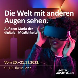 Plakat zum Digital-Gipfel mit einer Frau, die eine VR-Brille trägt
