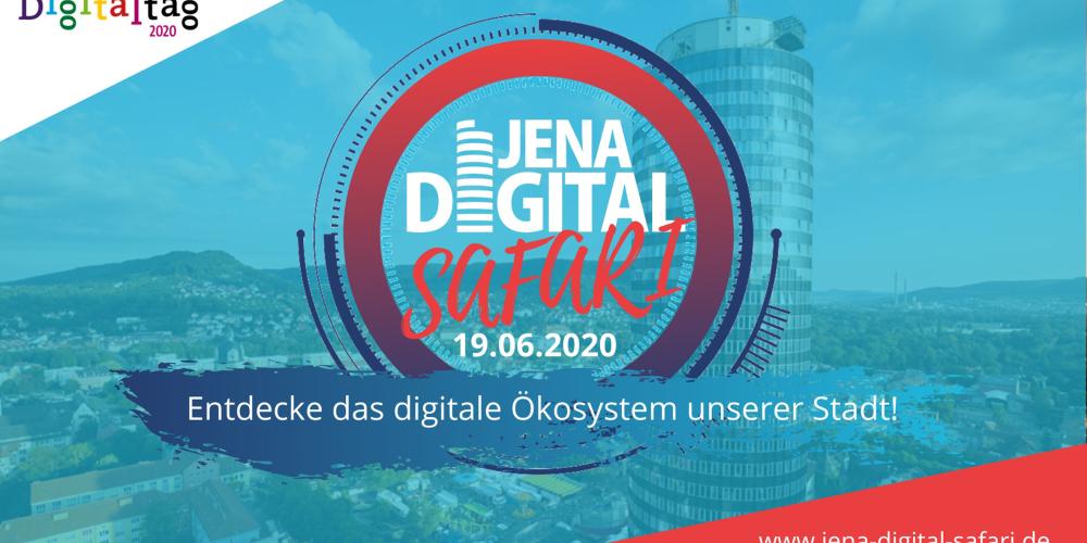 Zu sehen ist das Banner der JENA Digital Safari. Ein rundes Logo auf auf einem Bild, welches den JenTower und die Innenstadt aus einer Vogelperspektive zeigt.