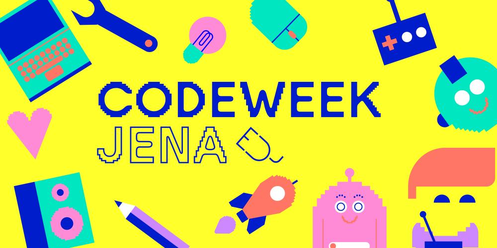 Viele kleine bunte Grafiken wie ein Laptop, eine Rakete oder ein Stift sind um den Schriftzug "Code Week Jena"