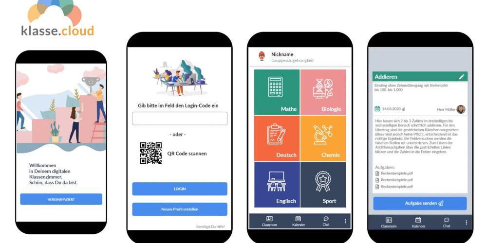 Zu sehen sind vier Smartphones, auf denen Beispielhaft die klasse.cloud-App zu sehen ist.