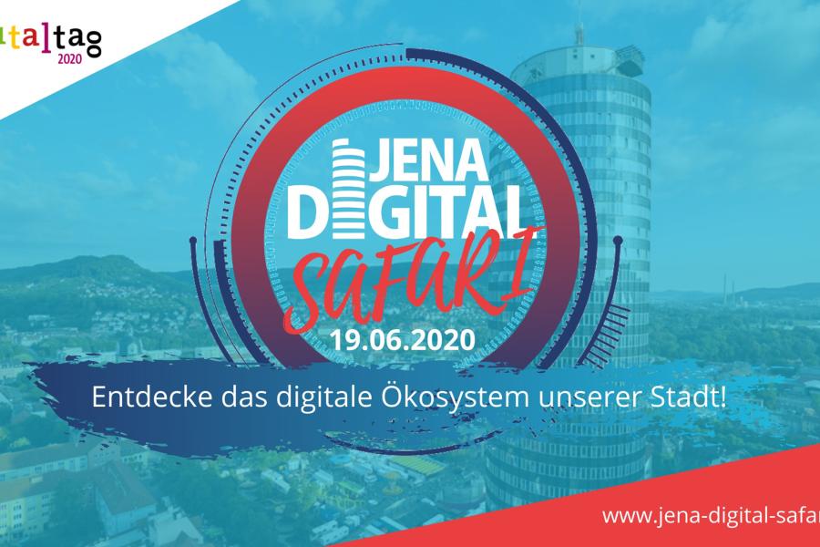Zu sehen ist das Banner der JENA Digital Safari. Ein rundes Logo auf auf einem Bild, welches den JenTower und die Innenstadt aus einer Vogelperspektive zeigt.