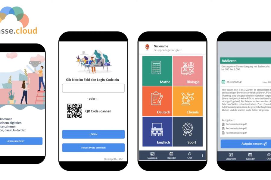 Zu sehen sind vier Smartphones, auf denen Beispielhaft die klasse.cloud-App zu sehen ist.