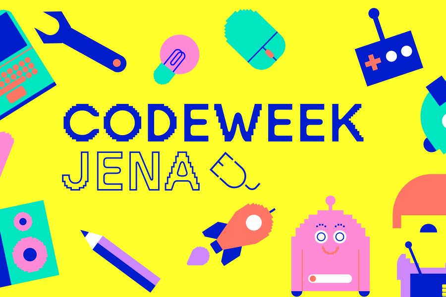 Viele kleine bunte Grafiken wie ein Laptop, eine Rakete oder ein Stift sind um den Schriftzug "Code Week Jena"